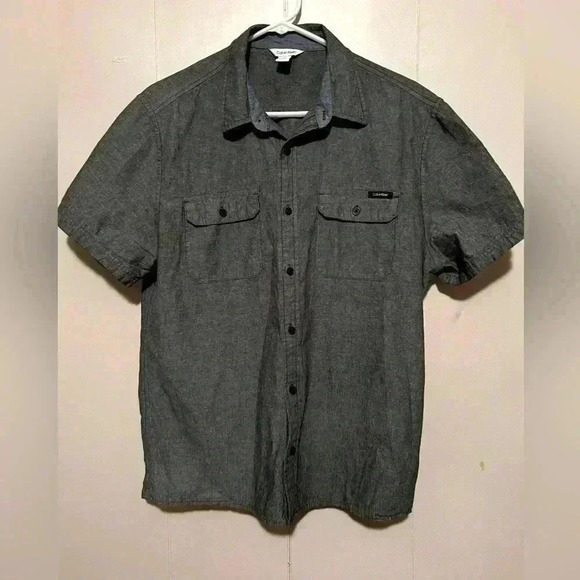 Calvin Klein Jean Mens Short Sleeve Gray Denim Button Down Shirt Sz L - Picture 1 of 5